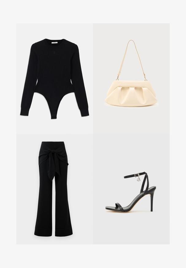 Bodysuit noir à manches longues avec un col rond, design ajusté et fond style thong. Fabriqué en tissu doux et élastique pour plus de confort.; Pantalons larges noirs avec un détail de lien à la taille. Fabriqués en tissu doux, avec une texture lisse et des lignes épurées. Ourlet légèrement évasé.; Sandale à talon haut noire avec une bride étroite à la cheville, bout carré, cuir lisse et accent de boucle métallique.; Sac à main en cuir couleur crème avec des plis froncés, des ferrures dorées, et une seule bandoulière fine sur un fond uni.