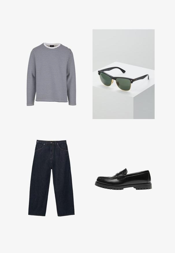 Langarmshirt mit navyblauen und weißen horizontalen Streifen, rundem Ausschnitt, aus Baumwollmaterial und mit lockerer Passform.; Dunkelblaue Jeans mit weitem Bein, fünf Taschen, Knopfverschluss und sichtbaren orangen Nähten.; Schwarzer Leder-Slipper mit dicker Gummisohle und klassischem Penny-Detail an der Riemen, von der Außenseite gezeigt.; Ray-Ban Sonnenbrillen mit grünen Gläsern, schwarzen Kunststoffrahmen und goldenen Akzenten an den Rändern. Quadratische Form mit matter Oberfläche.