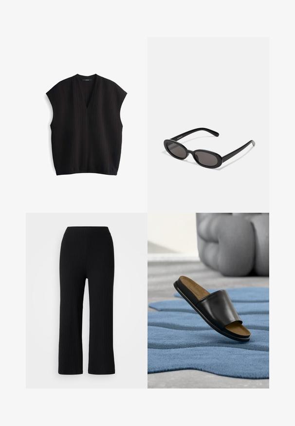 Zwarte mouwloze top met een V-hals, van textuurstof en een losse pasvorm. Heeft een relaxed silhouet en een licht afgeronde zoom.; Zwarte geribbelde wijde broek met een elastische tailleband, voorzien van een textuurstof en een rechte snit, geschikt voor casual draag.; Zwarte lederen slidesandaal met bruin voetbed liggend op een getextureerde blauwe mat, met onscherpe grote grijze sculptuur op de achtergrond.; Even&Odd by Zalando Zonnebril - black