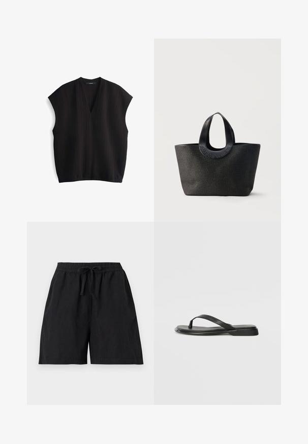 Zwarte mouwloze top met een V-hals, van textuurstof en een losse pasvorm. Heeft een relaxed silhouet en een licht afgeronde zoom.; Zwarte casual shorts met elastische tailleband en koordje aan de voorkant, met zijzakken en losse pasvorm.; Zwarte teenflip-flop van glad leer, met een dunne band en een platte zool met een minimalistisch profiel. Geen opvallende patronen of accenten.; Zwarte getextureerde tote bag met brede afgeronde handvatten met het geperste merknaam "Samsøe Samsøe" op een neutrale achtergrond.