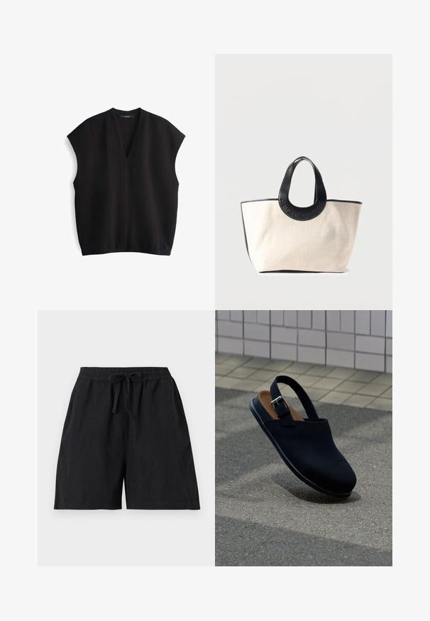Zwarte mouwloze top met een V-hals, van textuurstof en een losse pasvorm. Heeft een relaxed silhouet en een licht afgeronde zoom.; Zwarte casual shorts met elastische tailleband en koordje aan de voorkant, met zijzakken en losse pasvorm.; Zwarte gesloten slingback-schoen met zilveren gespsluiting, bruine binnenzool, zwevend boven grijs asfalt met betegelde muur op de achtergrond.; Beige canvas tas met zwarte lederen afwerking en afgeronde handvatten, geperst met het "SAMSOE SAMSOE" logo.