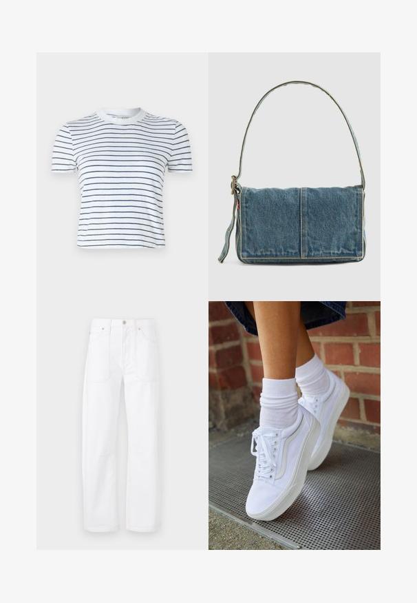 T-shirt blanc à manches courtes avec des rayures horizontales bleu marine, col rond, design court et en coton doux.; Pantalon en denim blanc avec une coupe droite, surpiqûres orange contrastantes, cinq poches et une fermeture par bouton et zip.; Baskets en toile blanches avec semelles en caoutchouc, dotées de six œillets, d'un bout rond et de détails de couture légers, portées avec des chaussettes blanches mi-mollet.; Sac à épaule en denim avec un design à rabat, couleur bleu clair, couture visible, bandoulière ajustable et accent avec étiquette latérale.