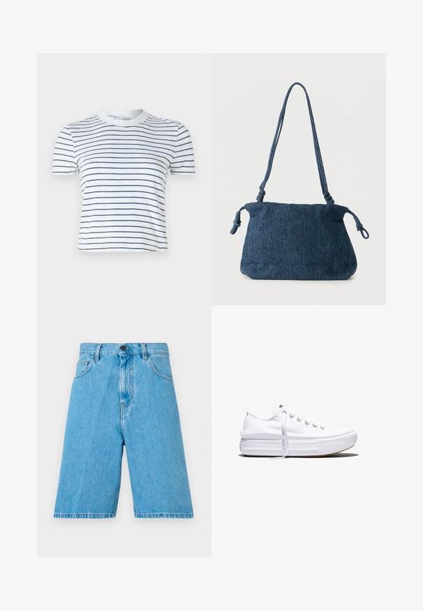T-shirt blanc à manches courtes avec des rayures horizontales bleu marine, col rond, design court et en coton doux.; Shorts en denim bleu clair avec une coupe décontractée, dotés de passants de ceinture, d'une fermeture à bouton et de poches avant. Le tissu a une texture lisse.; Baskets basses blanches en toile avec semelle plateforme épaisse, lacets sur le devant et embout en caoutchouc texturé, vues de profil.; Sac d'épaule en denim bleu foncé avec extrémités de sangle nouées et forme rectangulaire simple sur fond blanc.