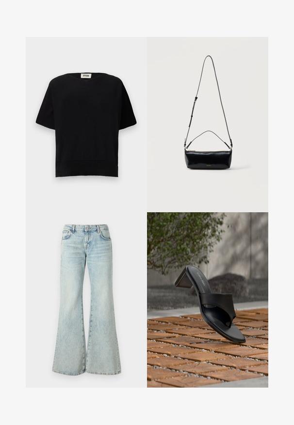 DRYKORN SOMELI - T-shirt basique - black; Jeans évasés bleu clair en denim, avec une taille haute, des poches et des ourlets effilochés. Le tissu présente un délavage usé et une texture subtile.; Sandale à talon noire Calvin Klein avec boucle pour l’orteil, posée sur un sol en carreaux de bois en extérieur, près d’un arbre et d’un mur en pierre.; Sac bandoulière rectangulaire en cuir noir avec bandoulière ajustable, fermeture éclair sur le dessus et petit logo Calvin Klein doré sur le devant.