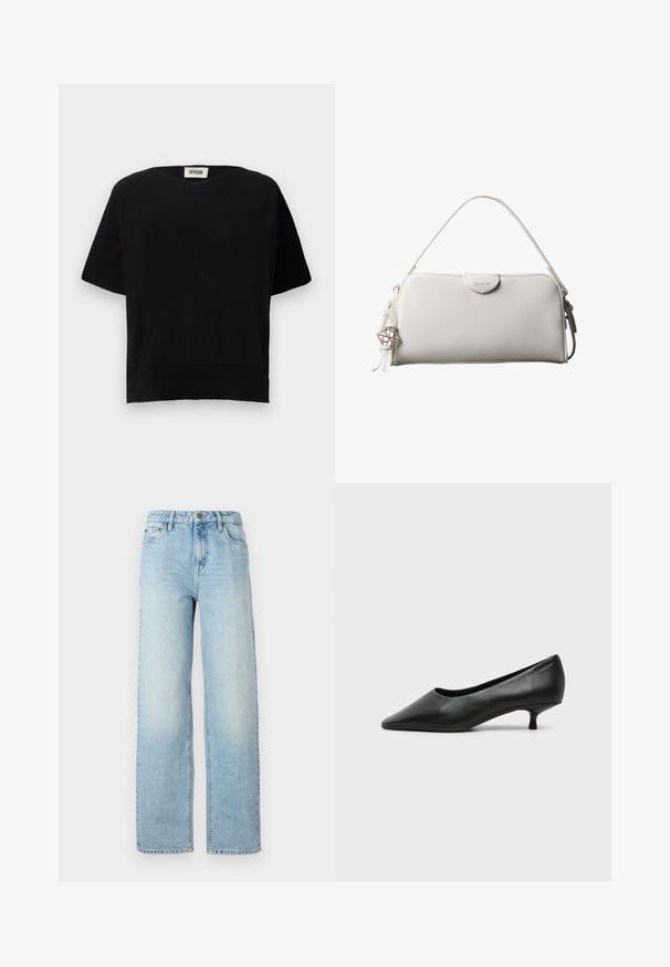 DRYKORN SOMELI - T-shirt basique - black; Jeans en denim bleu clair à jambes larges avec un design classique à cinq poches, fermeture à bouton et décoloration subtile pour la texture.; Escarpin femme en cuir noir à petit talon, bout pointu et petit talon kitten sur fond clair uni.; Sac à main rectangulaire blanc Calvin Klein avec une seule poignée, design minimaliste et pampilles décoratives avec un charm métallique géométrique sur le côté.