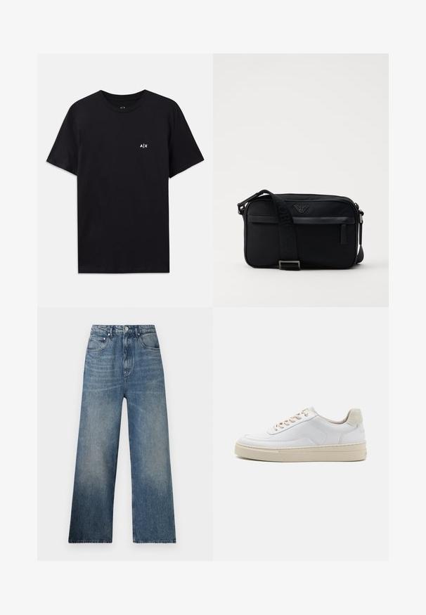 Schwarzes Baumwoll-T-Shirt mit kurzen Ärmeln und Rundhalsausschnitt, versehen mit einem kleinen weißen "A|X"-Logo auf der linken Brustseite. Glatte Textur.; Blaue Denim-Hosen mit weitem Bein und hohem Bund, mit subtilen Verfärbungen, fünf Taschen und einem Metallknopfverschluss vorne.; Weiße Sneaker mit einem glatten Lederobermaterial, beigen Schnürsenkeln und einer strukturierten, beigen Wildleder-Fersenschlaufe. Erhöhte Sohle für zusätzlichen Komfort.; Schwarze Nylon-Schultertasche mit einem kontrastierenden Riemen, schlanker rechteckiger Form, Logo-Detail und einer Reißverschlusstasche auf der Vorderseite.