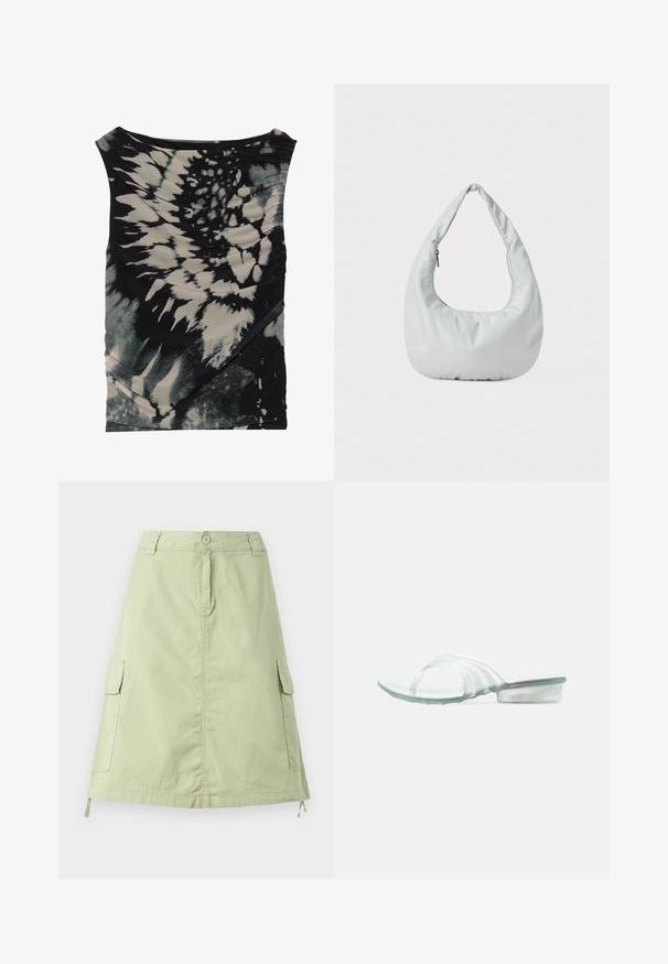 Top sans manches noir et crème en tie-dye avec un décolleté drapé et un tissu texturé, présentant un ruché diagonal et des motifs variés.; Jupe en coton vert clair, longueur genou, avec deux poches cargo sur les côtés, une fermeture à bouton et une coupe droite décontractée. Texture unie.; Sandale transparent claire à talon bloc bas et une large bride unique sur les orteils, présentée sur fond blanc.; Sac hobo doux, de couleur gris clair, fabriqué en matériau synthétique. Présente une poignée rembourrée unique et un compartiment zippé sur le côté.
