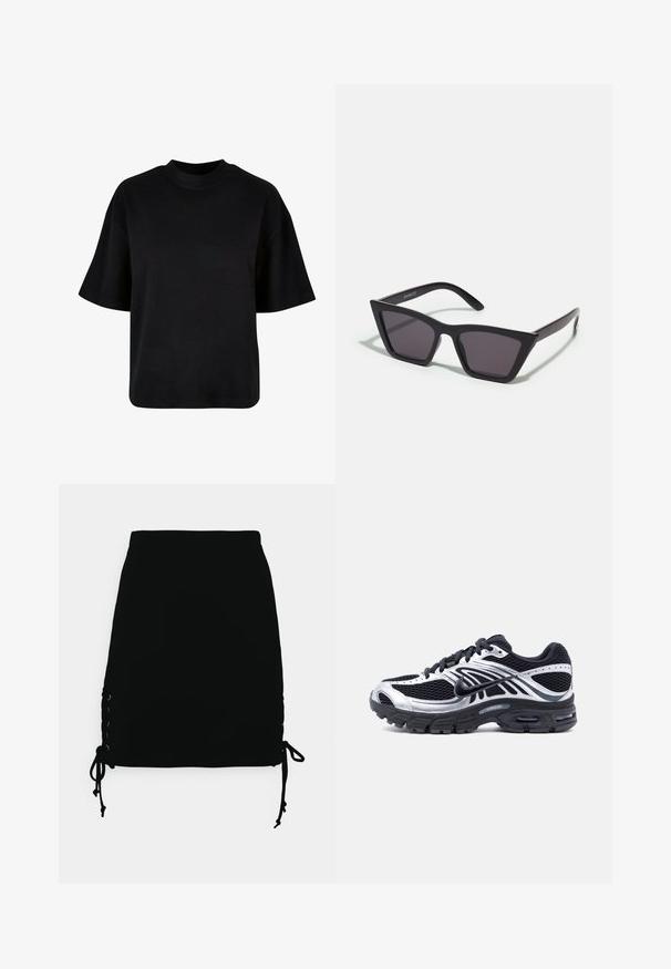 Sort bomulds t-shirt med høj hals, korte ærmer og en løs, boxy pasform uden synlige mønstre eller accenter.; Even&Odd Mini skirts - black; Sort og sølv Nike løbesko med mesh-overdel, luftpolstret sål og snørebånd, vist fra siden på en hvid baggrund.; Sorte, kantede solbriller med grå linser; lavet af plast, med tykke stænger med en glat overflade og ingen synlig hardware.