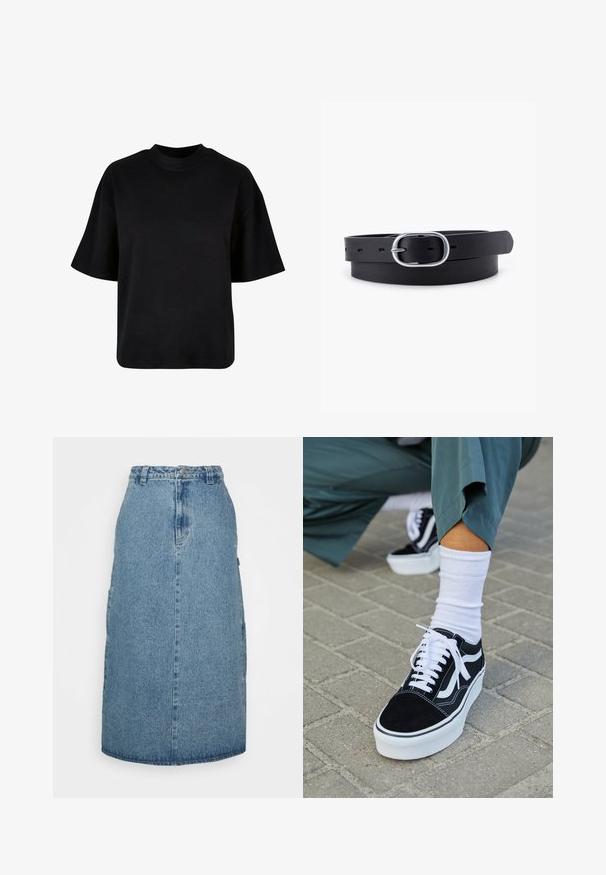 Mustmust värvi puuvillane t-särk, millel on kõrge kaelus, lühikesed varrukad ja lahtine, kastiline lõige, ilma nähtavate mustrite või aktsendita.; Obey Clothing JUNIPER MIDI SKIRT - A-lõikeline seelik - stonewash indigo; Mustjad sametist tennisjalanõud valgete aktsentide ja nööridega, millel on paks valge tald ja kontrastsed õmblused, koos valge sokiga.; Must musträbel mustra nahkrihm, millel on siledat tekstuuri, ovaalne hõbedane metallist pandla ja mitmed reguleerimisaugu rihma ääres. Lame, minimaalne disain.