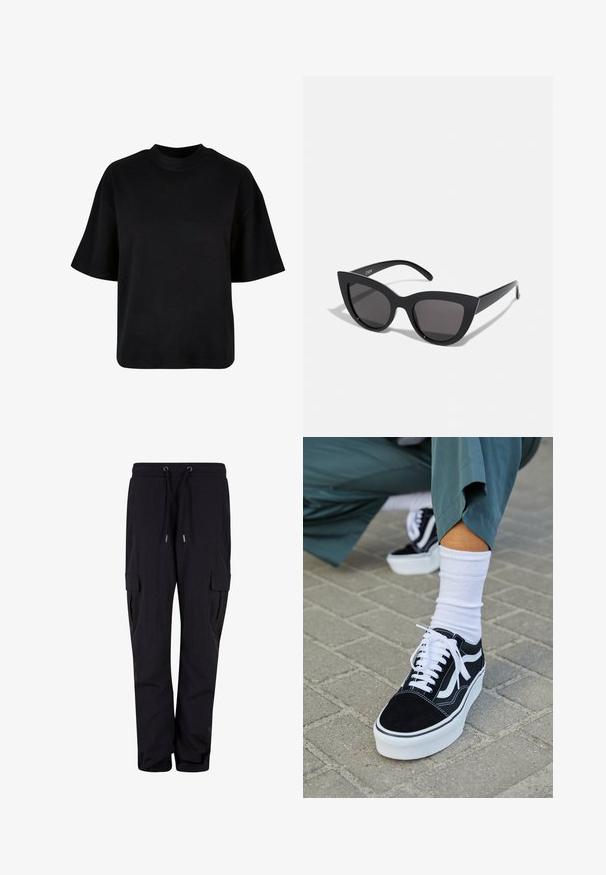 Sort bomulds t-shirt med høj hals, korte ærmer og en løs, boxy pasform uden synlige mønstre eller accenter.; Sorte cargo bukser lavet af blødt stof, med en elastisk talje og snore, samt sidelommer. Lige ben-design.; Sorte ruskinds sneakers med hvide accenter og snørebånd, der har en tyk hvid sål og kontrasterende syninger, parret med en hvid sok.; Sorte cat-eye solbriller med mat finish, der har grå tonede linser, skarpe vinkler og slanke sidearme. Mærkenavnet er synligt på den indre arm.