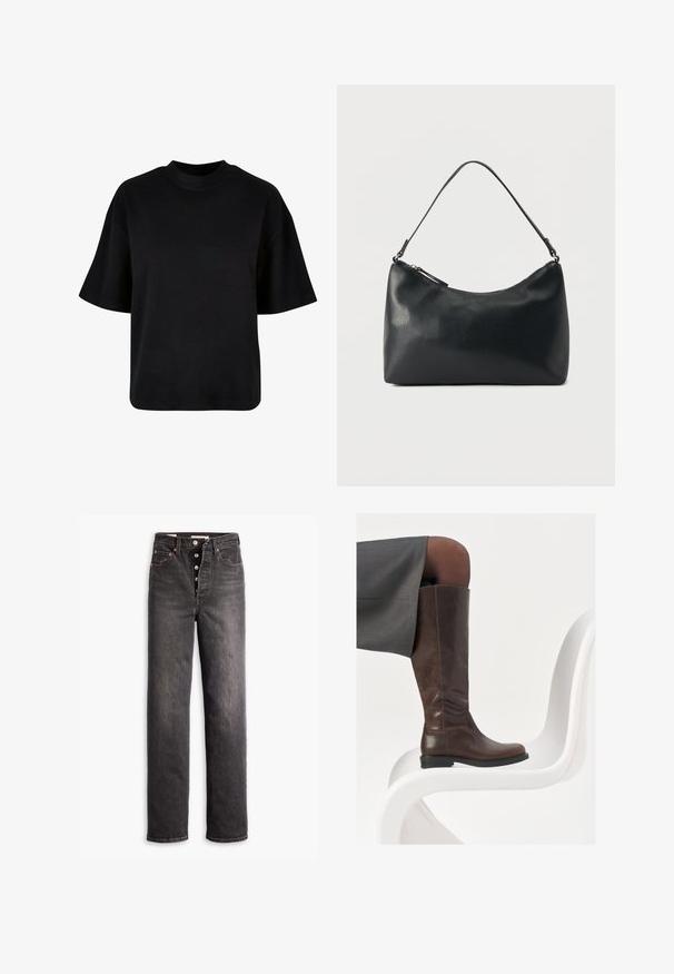 Zwarte katoenen t-shirt met hoge hals, korte mouwen en een losse, boxy pasvorm zonder zichtbare patronen of accenten.; Zwarte high-waisted jeans met een rechtuit ontwerp, gemaakt van denim. Heeft een knoopsluiting, koperen hardware accenten en contrasterende stiksels.; Bruine leren knie-hoge laars met een ronde neus, een soepele textuur en minimale stikseldetails, tegen een lichte achtergrond op een witte stoel.; Zwarte leren schoudertas met textuur, voorzien van een gebogen bovenrits en een enkele verstelbare riem, afgebeeld tegen een egale achtergrond.