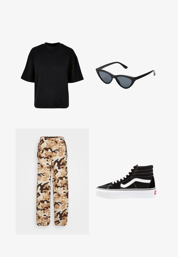 Sort bomulds t-shirt med høj hals, korte ærmer og en løs, boxy pasform uden synlige mønstre eller accenter.; Envii PANTS - Bukser - desert; Sorte høj-top sneakers med hvide snørebånd, et hvidt logo og kontrasterende hvid syning. Har en tyk hvid sål og struktureret ruskindsoverdel.; Sorte katteøje solbriller med mørkegrå linser, slankt plastisk stel, spidse hjørner og lige stænger. Ingen synlig hardware eller dekorationer.