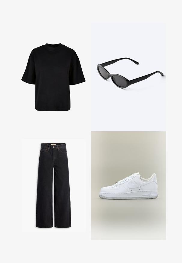 Sort bomulds t-shirt med høj hals, korte ærmer og en løs, boxy pasform uden synlige mønstre eller accenter.; Sorte brede benjeans lavet af denim, med fem lommer, kobbernitter og en klassisk knaplukning. Glat tekstur med et rent design.; Hvid Nike Air Force 1 sneaker med lavt skaft, snørebånd, perforeret tå og tekstureret gummisål på neutral baggrund.; Slanke sorte ovale solbriller med mørke linser og lige arme, hvilende på en hvid overflade.