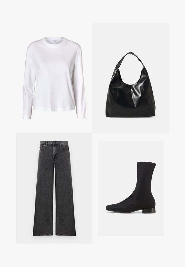 Camisa blanca lisa de mujer con mangas largas, cuello redondo, bajo recto y sin patrones ni logos visibles.; Vaqueros negros de pierna ancha con cinco bolsillos y cierre de botón, mostrados planos sobre un fondo blanco.; Botín negro hasta el tobillo con parte superior de tela suave y elástica y tacón bajo apilado. Presenta una puntera puntiaguda y un diseño sin costuras.; Bolso hobo de cuero negro con una textura suave y brillante y un diseño de parte superior redondeada y abierta. Cuenta con una amplia correa curvada para llevar. Sin hardware visible.