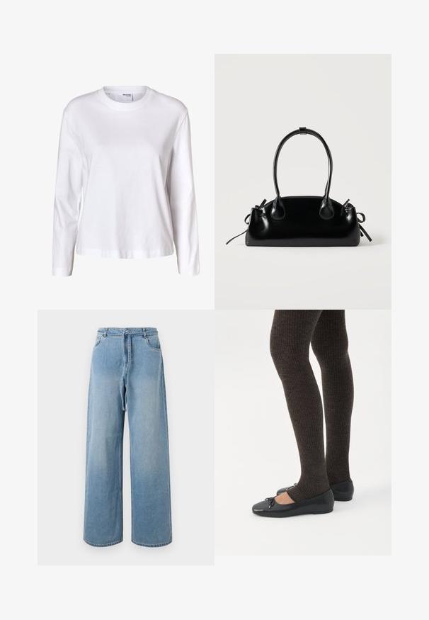 Camisa blanca lisa de mujer con mangas largas, cuello redondo, bajo recto y sin patrones ni logos visibles.; Jeans de mezclilla azul claro de pierna ancha con tiro alto, que cuentan con bolsillos frontales, un cinturón con lazo y una textura desgastada.; Piernas con leggings oscuros acanalados combinados con bailarinas negras que presentan pequeños detalles de lazo sobre un fondo blanco.; Pequeño bolso negro brillante con dos asas largas y detalles de cordón lateral sobre un fondo claro liso.