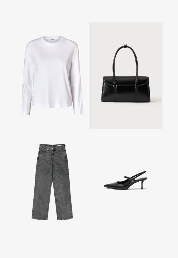 Camisa blanca lisa de mujer con mangas largas, cuello redondo, bajo recto y sin patrones ni logos visibles.; Jeans rectos de tiro alto, de color negro desgastado, con bolsillos frontales, trabillas para cinturón, cierre de botón y una etiqueta de marca en la parte interna de la cintura.; Zapatos de tacón slingback de cuero negro con punta afilada, correa ajustable delgada y un tacón de aguja de aproximadamente 5 cm, textura suave.; Bolso rectangular de cuero negro con cierre de solapa y dos asas largas sobre un fondo blanco liso.