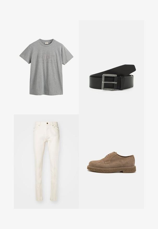 T-shirt en coton gris à manches courtes, avec un col arrondi, présentant un design de logo en relief incluant "GANT" et "American Sportswear."; Jean en coton beige avec une coupe slim, dotés d'un bouton à l'avant, de cinq poches et de détails de couture subtils. Texture lisse et jambe fuselée.; The Antipode DERBY - Derbies - taupe; Ceinture en cuir noir avec une boucle en métal argenté rectangulaire. Elle présente une texture lisse et un design simple, avec une extrémité pointue.