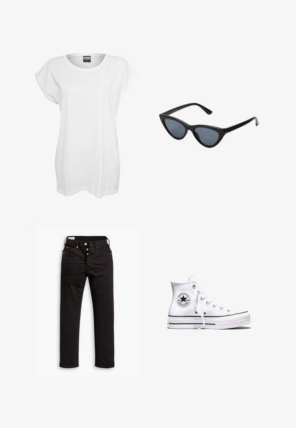 T-shirt blanc à manches courtes en coton, présentant une coupe décontractée, un large décolleté et un design minimaliste sans motifs ni accents.; Jean noir à jambe droite avec fermeture à boutons, poches avant et arrière, et détails en rivets cuivrés sur fond blanc.; Baskets blanches montantes Converse Chuck Taylor All Star avec des rayures noires et un patch logo sur le côté, présentées sur un fond blanc uni.; Lunettes de soleil noires en forme d'œil de chat avec des verres gris foncé, monture en plastique élégante, coins pointus et branches droites. Pas de métal visible ni d'accents.