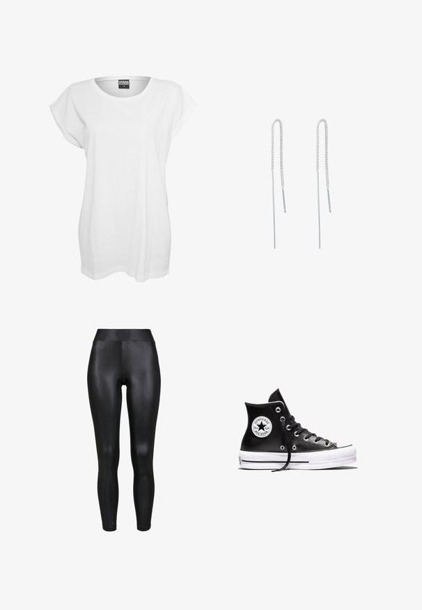 T-shirt blanc à manches courtes en coton, présentant une coupe décontractée, un large décolleté et un design minimaliste sans motifs ni accents.; Leggings noirs avec une finition brillante, taille haute et design sans couture. Le tissu semble lisse et moulant.; Baskets montantes Converse Chuck Taylor All Star noires avec semelle en caoutchouc blanc et patch logo sur la cheville, présentées sur un fond blanc.; Boucles d'oreilles en chaîne argentée avec un design allongé, présentant une chaîne délicate et des pendentifs fins et droits aux extrémités. Texture lisse.