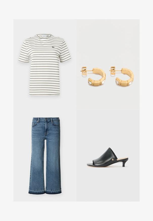 Gestreiftes T-Shirt in Weiß mit dünnen olivgrünen Linien. Hat einen Rundhalsausschnitt, kurze Ärmel und ein kleines Lacoste-Logo auf der Brust.; Hoch taillierte, blaue Jeans mit weitem Bein aus Denim, mit Knopf- und Reißverschluss, Vorder- taschen, Gürtelschlaufen und abgesteppten Säumen.; Schwarze Leder-Pantoletten mit offenen Zehen und niedrigem Absatz. Sie verfügen über eine glatte Oberfläche und ein goldenes Logo-Detail an der Seite.; Kleine goldene Creolen mit rechteckigen Segmenten, jeweils mit einem klaren Edelstein auf der Vorderseite besetzt, mit Ohrsteckerverschluss.