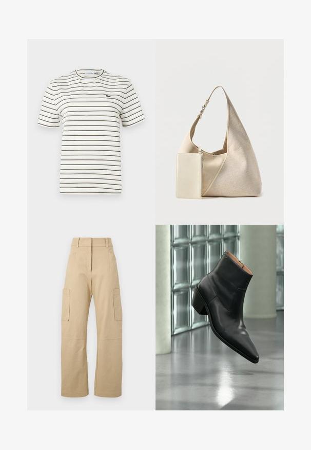 T-shirt rayé blanc avec de fines lignes vert olive. Il présente un col rond, des manches courtes et un petit logo Lacoste sur la poitrine.; Pantalons cargo beiges en coton, avec une taille haute, des jambes larges, deux poches latérales et deux grandes poches cargo sur les cuisses.; Bottine en cuir noir avec un bout pointu et un talon carré lévitant au-dessus d'un sol gris réfléchissant près d'un mur en blocs de verre.; Sac hobo en tissu beige avec bandoulière réglable et petite pochette rectangulaire zippée assortie attachée.