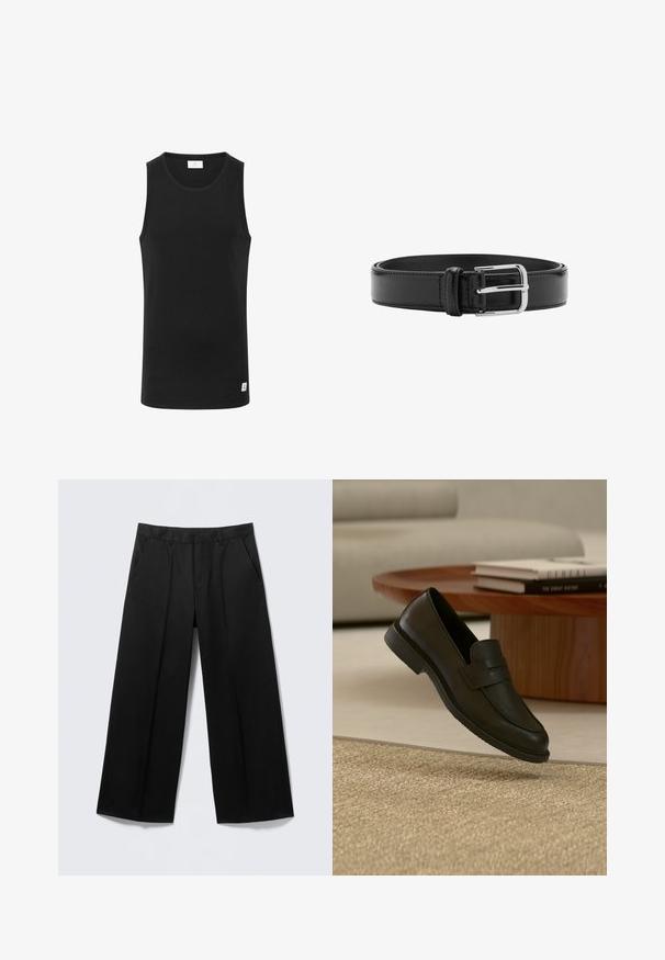 Débardeur noir sans manches en tissu côtelé, avec un col rond et une petite étiquette logo à l'ourlet. Design simple et ajusté.; Pantalon large noir avec passants pour ceinture, poches avant et fermeture éclair, présenté sur un fond gris clair.; Chaussure mocassin en cuir noir présentée en suspension au-dessus d'un tapis beige tissé, avec une table en bois et des livres empilés dans un salon doucement éclairé.; Ceinture en cuir noir avec coutures visibles et boucle argentée brillante, posée à plat en position enroulée sur un fond blanc.