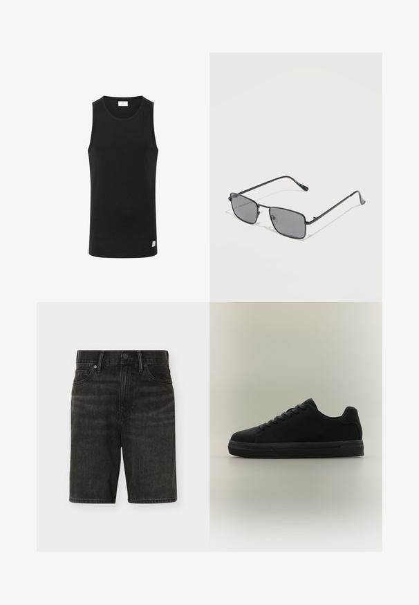 Zwarte mouwloze tanktop van ribstof, met een ronde halslijn en een klein logolabel aan de zoom. Eenvoudig, getailleerd ontwerp.; Zwarte denim shorts met voorste knoop en rits, riemlussen en voorzakken, getoond tegen een effen lichte achtergrond.; Zwarte lage sneaker met veters, rubberen zool en gladde afwerking, zijaanzicht op een neutrale achtergrond.; Wegens zwart metalen rechthoekige zonnebril met donker getinte glazen, rustend op een wit oppervlak.