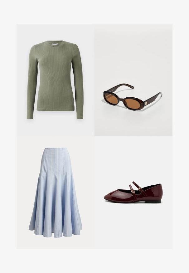 Top de manga larga acanalado en verde oliva, con escote redondo y forma ajustada. Textura suave con acentos en las costuras laterales.; Falda larga azul claro con rayas blancas verticales finas y detalles acampanados en los paneles, mostrada sobre un fondo liso.; Anna Field Bailarinas con hebilla - dark red; Gafas de sol marrón carey con lentes ovalados, que presentan un marco delgado y un pequeño acento metálico en el lateral. Acabado texturizado y pulido.
