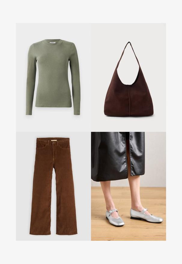 Top de manga larga acanalado en verde oliva, con escote redondo y forma ajustada. Textura suave con acentos en las costuras laterales.; Pantalones de pana anchos color marrón con una superficie texturizada, que cuentan con una cinturilla trenzada, dos bolsillos frontales y una clásica cremallera.; Bailarinas de piel plateada con punta redonda y correa con hebilla, que cuentan con un tacón bajo y una textura suave y brillante.; Bolso hobo de ante marrón con una gran apertura curvada y una amplia correa para el hombro. Presenta una costura centrada en la parte frontal. Textura suave.