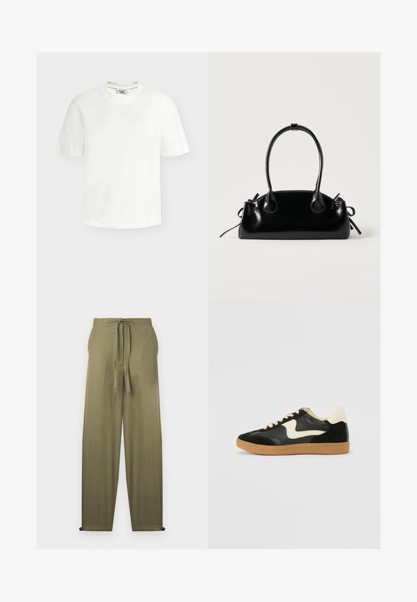 T-shirt blanc en coton à manches courtes, col rond, avec une petite étiquette de marque au niveau de l'encolure et de la couture latérale.; Pantalon ample vert olive à taille haute avec un cordon à nouer à l'avant, présentant des jambes droites et des poches latérales.; Baskets en daim et cuir noir avec un swoosh latéral crème et un talon crème clair. Dotées de lacets beige et d'une semelle en caoutchouc gomme.; Petit sac à main noir brillant avec deux longues anses et des détails à cordon sur les côtés sur un fond clair uni.