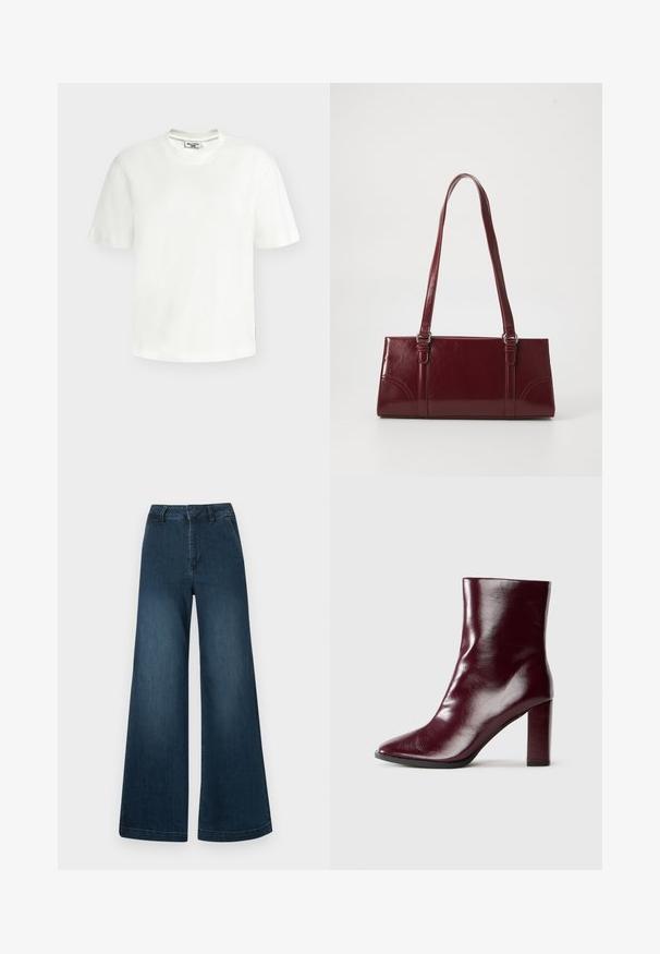 T-shirt blanc en coton à manches courtes, col rond, avec une petite étiquette de marque au niveau de l'encolure et de la couture latérale.; Jean en denim bleu foncé, taille haute et jambes larges, avec poches avant et passants de ceinture sur fond blanc.; Botte en cuir bordeaux foncé brillant mi-mollet avec bout pointu et talon bloc haut sur fond neutre.; Sac à main bordeaux en matériau brillant, de forme rectangulaire, avec deux anses et des accents légèrement courbés à l'avant.