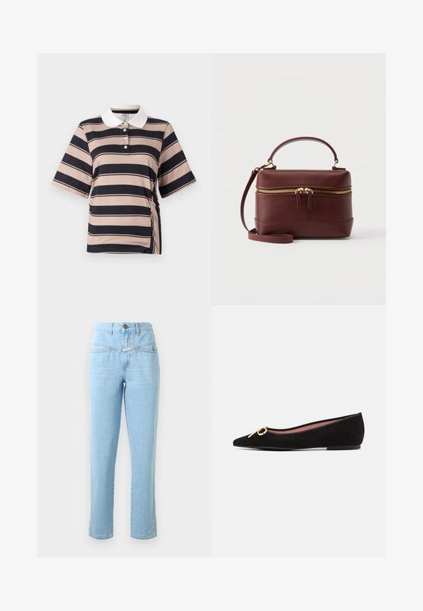 Kortærmet polo-shirt i lys beige med mørkeblå striber, med hvid krave, tre-knaps placket og samlet side-detail.; Højtaljede lyseblå denimjeans med frontlommer, knap- og lynlåslukning samt lige ben.; Sorte ruskind flad sko med spids tå, der har en guldfarvet metalaccent i form af en sløjfe og en glat inderside.; Mørkebrun læderhåndtaske med guldfarvet lynlås, topstrop og aftagelig skulderrem på ensartet hvid baggrund.