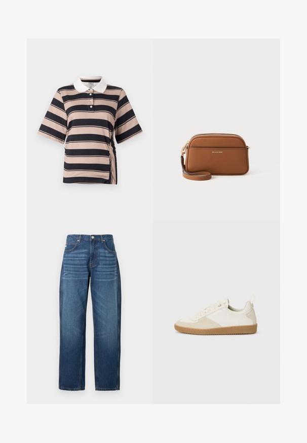 Lühikeste varrukatega polo shirt heledas beežis, tumeda meresinise triibuga, valge krae, kolme nupuga tõmblukk ja kokku kogutud külje detail.; Tumedast sinistest denimist teksad, sirge jala disainiga, viis taskut ning vaskse õmbluse detailid. Sile tekstuur koos kerge kulumisega kangal.; Valged sneakers, mis on valmistatud nahast ja sametist, omavad tekstuurset pinda, ümmargust kujundust ja kummi kummist talda. Kinnitatud nööridega disain koos tõmbetugedega.; pruunist nahast õlakott kuldsete metalldetailidega, lukuga ja reguleeritava rihmaga. Omab minimalismi ja reljeefset logo.