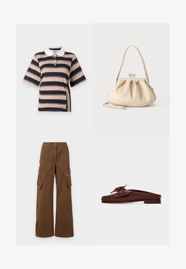 Lühikeste varrukatega polo shirt heledas beežis, tumeda meresinise triibuga, valge krae, kolme nupuga tõmblukk ja kokku kogutud külje detail.; Weekend Max Mara LUCY HALE ELVY - Kargopüksid - marrone; Pruun nahast libisev loafers madala kontsaga ja suure vusaga peal, esitatud külgvaates valgel taustal.; Beež pehme nahast käekott hõbedase metallraami klambriga, ühe õlarihma ja valikulise kettpaelaga valgel taustal.