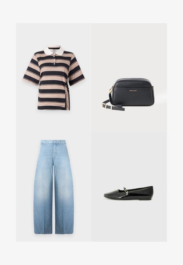 Lühikeste varrukatega polo shirt heledas beežis, tumeda meresinise triibuga, valge krae, kolme nupuga tõmblukk ja kokku kogutud külje detail.; Hele sinised kõrge vöökohaga teksapüksid laiade sääreosadega, vööaasade, eesmiste nööpide ja luku sulgemisega valgel taustal.; Mustad nahast ballettsussid terava ninaga, ankrurihmaga, kus on kullatud pandla, ja minimalistlik disain. Tasane tald ja läikiv pind.; Must värviline tekstuuriga nahast Michael Kors õlakott reguleeritava rihmaga ja kuldse tooniga detailidega valgel taustal.