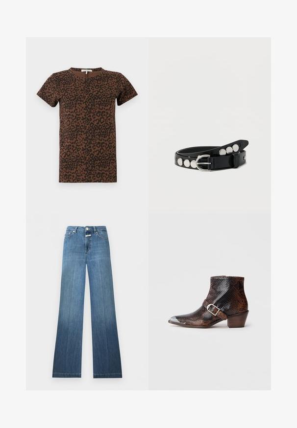 T-shirt marron avec un motif léopard noir, col rond, manches courtes, en tissu doux, présentant une coupe décontractée sans éléments métalliques visibles.; Jean en denim bleu à taille haute, fermeture à boutons, poches avant et arrière, et légère évasement en bas.; Bottines à imprimé serpent noir et brun avec un embout en métal argenté, accent de boucle et un petit talon en bois. Texture lisse, design ajusté.; Ceinture en cuir noir avec des clous ronds argentés et une boucle argentée, enroulée sur un fond blanc.