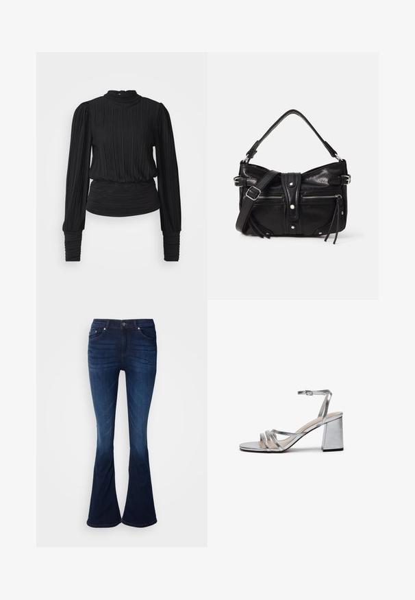 Zwarte geplooide blouse met een hoge halslijn, lange mouwen en een gathering in de taille. Gladde textuur met een subtiele glans en fitted manchetten.; Uitlopende donkerblauwe denim jeans met een gladde textuur, vijf zakken en knoopsluiting. Kenmerkt zich door een geleidelijke verheldering naar de zoom toe.; Zilver metallic hoge hak sandaal met een blokhak, dunne enkelband en meerdere brede banden over de voet. Glad van structuur.; Even&Odd H24462 - Handtas - black