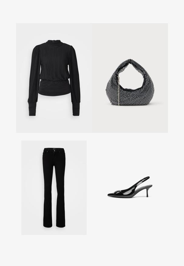 Blusa negra con pliegues, cuello alto, mangas largas y cintura fruncida. Textura suave con un sutil brillo y puños ajustados.; Jeans de mezclilla negra elástica de campana con cierre de botón, cuatro bolsillos y una textura suave, diseñados para una silueta ajustada.; Tacones slingback de charol negro con punta afilada y acabado brillante. Presentan un tacón delgado y un acento redondeado en el empeine.; Bolso de malla negra adornado con tachuelas plateadas, con un asa curvada y una correa de cadena. Textura suave con forma redondeada.