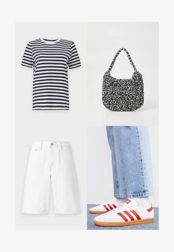Schwarz-weiß gestreiftes T-Shirt aus weicher Baumwolle, mit Rundhalsausschnitt und kurzen Ärmeln, mit gleichmäßig verteilten horizontalen Streifen.; Weiße Denim-Shorts mit geradem Schnitt, Fronttaschen, Knopfverschluss und einer sauberen, glatten Textur.; Weiße Leder Sneaker mit roten Streifen und Akzenten. Verfügt über eine strukturierte Gummi-Laufsohle und einen gepolsterten Schaft. Tragen mit hellblauer Jeans.; Gewebte Handtasche in Schwarz und Weiß mit runder Form, strukturiertem Oberflächenfinish und geflochtener Grifffläche. Geeignet für den lässigen Gebrauch.