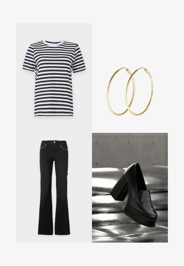 Schwarz-weiß gestreiftes T-Shirt aus weicher Baumwolle, mit Rundhalsausschnitt und kurzen Ärmeln, mit gleichmäßig verteilten horizontalen Streifen.; Schwarze Bootcut-Jeans mit mittelhohem Bund und silbernen Nieten an den vorderen Taschen, vor einem schlichten hellen Hintergrund präsentiert.; Schwarzer Lackleder-Plateau-Slipper mit klobigem Blockabsatz, der über einer glänzenden metallischen, gesteppte Oberfläche schwebt.; Goldene Creolen mit einem glatten, abgerundeten Design und einem glänzenden Finish. Leichte Bauweise mit einem sicheren Verschluss.