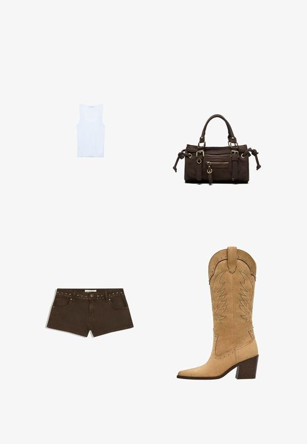 Débardeur en coton blanc, avec un col rond et des bretelles larges. Texture lisse, design sans manches et silhouette ajustée.; Short en jean marron foncé avec des clous argentés à la taille, fermeture à bouton devant, passants de ceinture et poches avant, présenté sur fond blanc.; Botte de cowboy en daim beige avec un bout pointu, des coutures décoratives et des accents latéraux. Comprend un talon en bois légèrement surélevé.; Sac à main en cuir marron foncé avec double poignée, poche avant zippée, boucles décoratives et nœuds latéraux sur fond blanc.
