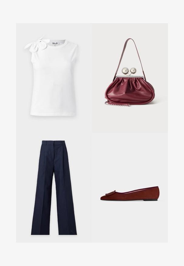 Haut blanc sans manches avec encolure ronde et un grand nœud en tissu sur l'épaule gauche, présenté sur un fond uni.; Pantalon large bleu marine avec taille haute, pli devant et passants de ceinture, présenté sur un fond uni clair.; Chaussure plate en daim marron pour femme avec bout pointu et grande boucle décorative sur le dessus sur fond uni.; Petit sac à main en cuir bordeaux avec des détails froncés, une fine bandoulière et une fermeture argentée comportant deux gros boutons ronds.