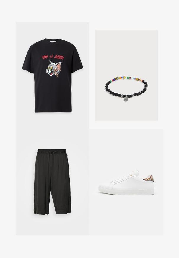Μαύρο T-shirt με κοντά μανίκια, πολύχρωμα καρτούν πρόσωπα του Τομ και Τζέρι και κόκκινο κείμενο "Tom Jerry" πάνω από τους χαρακτήρες.; Μαύρο cropped παντελόνι με ελαστική μέση και κορδόνι. Κατασκευασμένο από απαλό, ελαφρύ ύφασμα με πλαϊνές ραφές για άνετη εφαρμογή.; Λευκό δερμάτινο παπούτσι με λείο φινίρισμα, που διαθέτει πολύχρωμη ριγέ λεπτομέρεια στη φτέρνα, χρυσό μεταλλικό στοιχείο και επίπεδη λευκή σόλα.; Βραχιόλι με χάντρες με ματ μαύρες χάντρες, πολύχρωμες γυάλινες χάντρες, ασημένιες λεπτομέρειες και ένα μικρό ορθογώνιο ασημένιο μενταγιόν στο κέντρο.