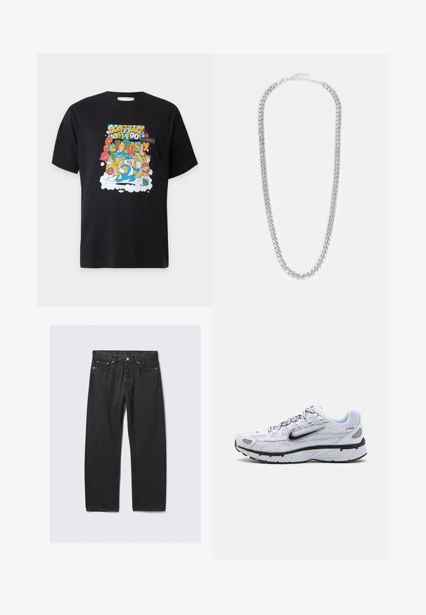 T-shirt noir avec un motif cartoon coloré featuring Bugs Bunny et le texte "Ne prends pas la vie trop au sérieux" dans des polices et styles variés.; Jean noir droit avec cinq poches et une fermeture bouton à la taille, posé à plat sur un fond clair.; Baskets de course blanches avec une tige en mesh, bout arrondi, accents noirs et semelle à motif. Comprend des lacets et une marque sur le côté.; Collier en chaîne en métal argenté avec des maillons entrelacés, une texture lisse et un fermoir réglable pour personnaliser la longueur.