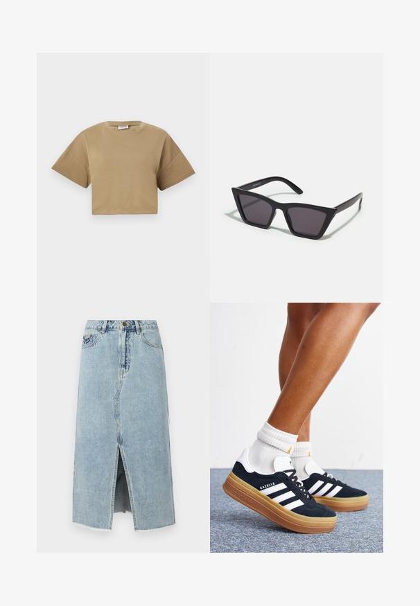 Kortærmet t-shirt i khaki bomuld. Har en rund halsudskæring og dropped skuldre med en glat, blød tekstur.; Lysblå denimskørt med en frontslids, frynset kant, fem lommer og en knaplukning i taljen. Klassisk lige snit design.; Ben iført hvide sokker og sorte Adidas Gazelle sneakers med hvide striber og tykke brune såler på et gråt tæppe.; Sorte, kantede solbriller med grå linser; lavet af plast, med tykke stænger med en glat overflade og ingen synlig hardware.