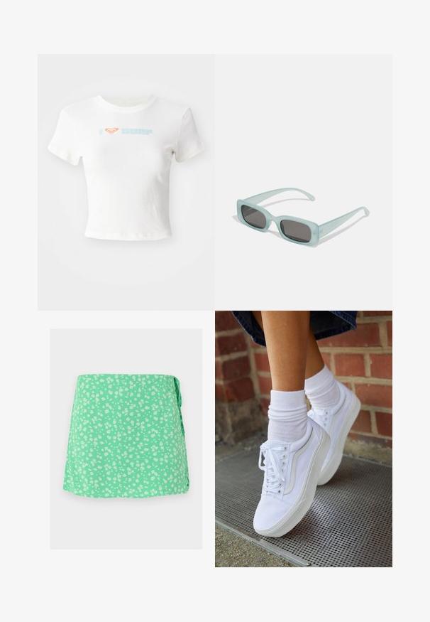 Witte cropped T-shirt van katoen, met een oranje hartje en "SURF" in lichtblauwe print op de voorkant. Korte mouwen, ronde hals.; Muntgroene wikkelrok met kleine witte bloemenprint en zijstriksluiting, plat uitgestald op een lichte achtergrond.; Witte canvas sneakers met rubberen zolen, voorzien van zes vetertjes, een ronde neus en lichte stikdetails, gecombineerd met witte enkelsokken.; Een paar rechthoekige zonnebrillen met lichtblauwe doorzichtige monturen en donkergrijze glazen, met rechte pootjes en minimale hardwaredetails.