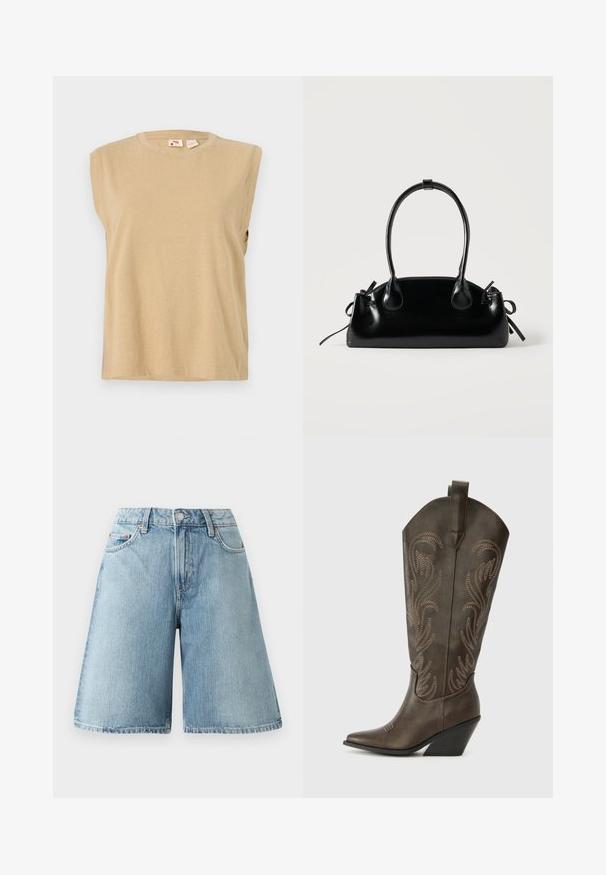 Débardeur beige sans manches en tissu doux, avec un col rond et une coupe décontractée, présentant des détails de couture minimalistes.; Shorts en denim bleu clair avec une coupe ample, taille mi-haute, cinq poches et des détails de couture contrastés. Le tissu a une texture douce.; Botte de cowboy en cuir marron avec un embout pointu, un talon compensé et des broderies décoratives. Dispose d'un long tige et d'une languette de tirage.; Petit sac à main noir brillant avec deux longues anses et des détails à cordon sur les côtés sur un fond clair uni.