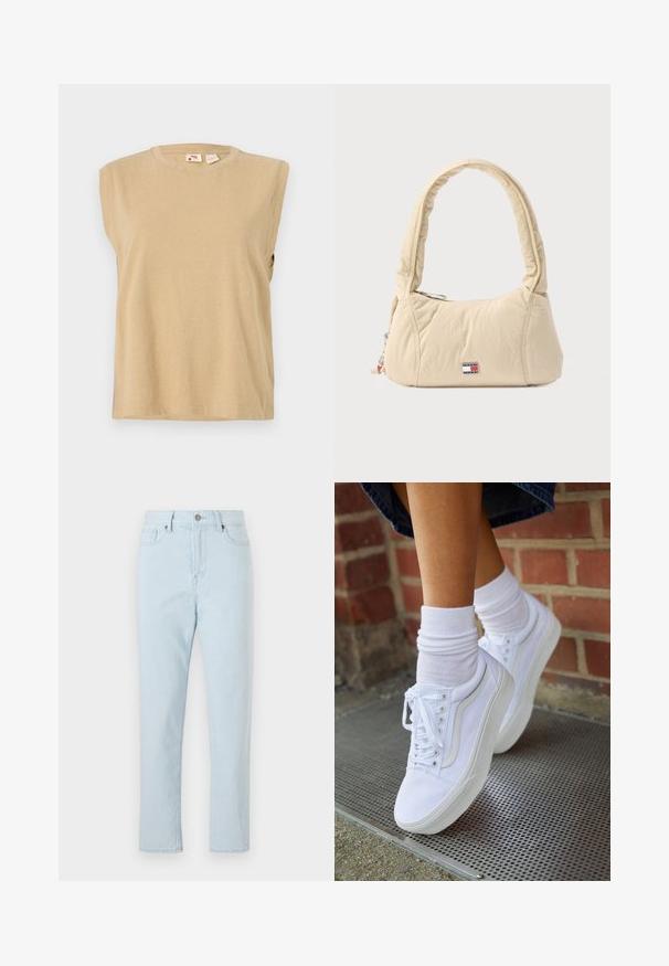 Débardeur beige sans manches en tissu doux, avec un col rond et une coupe décontractée, présentant des détails de couture minimalistes.; Jean droit taille haute bleu clair avec poches avant, passants de ceinture, fermeture à bouton et couture visible le long des jambes.; Baskets en toile blanches avec semelles en caoutchouc, dotées de six œillets, d'un bout rond et de détails de couture légers, portées avec des chaussettes blanches mi-mollet.; Sac à bandoulière couleur crème en tissu doux matelassé, avec une poignée courbée et un patch logo. Fermeture éclair avec détail de breloque supplémentaire.