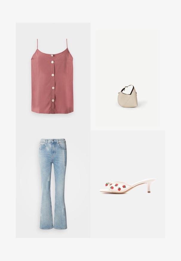 Caraco sans manches couleur vieux rose avec fines bretelles et quatre boutons blancs au centre devant sur un fond uni.; Scotch & Soda THE GLOW - Jean bootcut - art from the heart; Mule blanche à talon avec broderie de fraise rouge et un pendentif cerise sur la lanière avant, présentée sur un fond uni.; Sac à main en cuir beige en forme de croissant avec une seule bandoulière et des coutures minimalistes, posé sur un fond blanc uni.