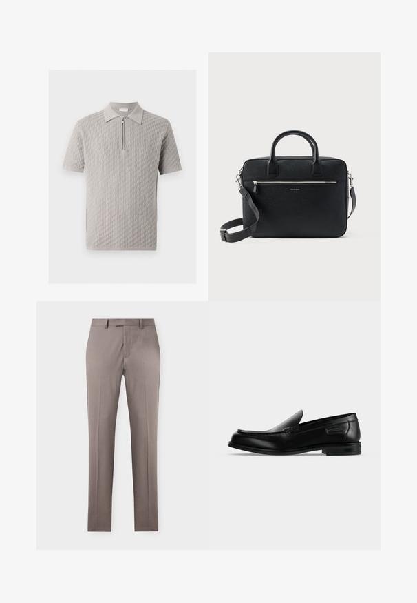 Polo manches courtes gris clair avec motif tissé texturé et fermeture éclair frontale sous le col.; Pantalon beige pour homme, coupe droite, pli devant, passants de ceinture et fermeture avant dissimulée sur un fond uni.; Mocassin noir en cuir à enfiler avec un petit talon, un bout arrondi et des surpiqûres décoratives le long du bord supérieur.; Serviette rectangulaire en cuir noir texturé avec double poignée, poche avant zippée et bandoulière réglable présentée sur fond blanc.